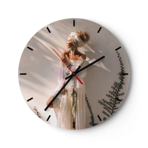 Ceas de perete - Ceas pe sticlă - O femeie în stil boho stând la soare - 30x30cm - Soarele și fata - Decorațiune modernă pentru perete pentru living, bucătărie și dormitor ARTTOR