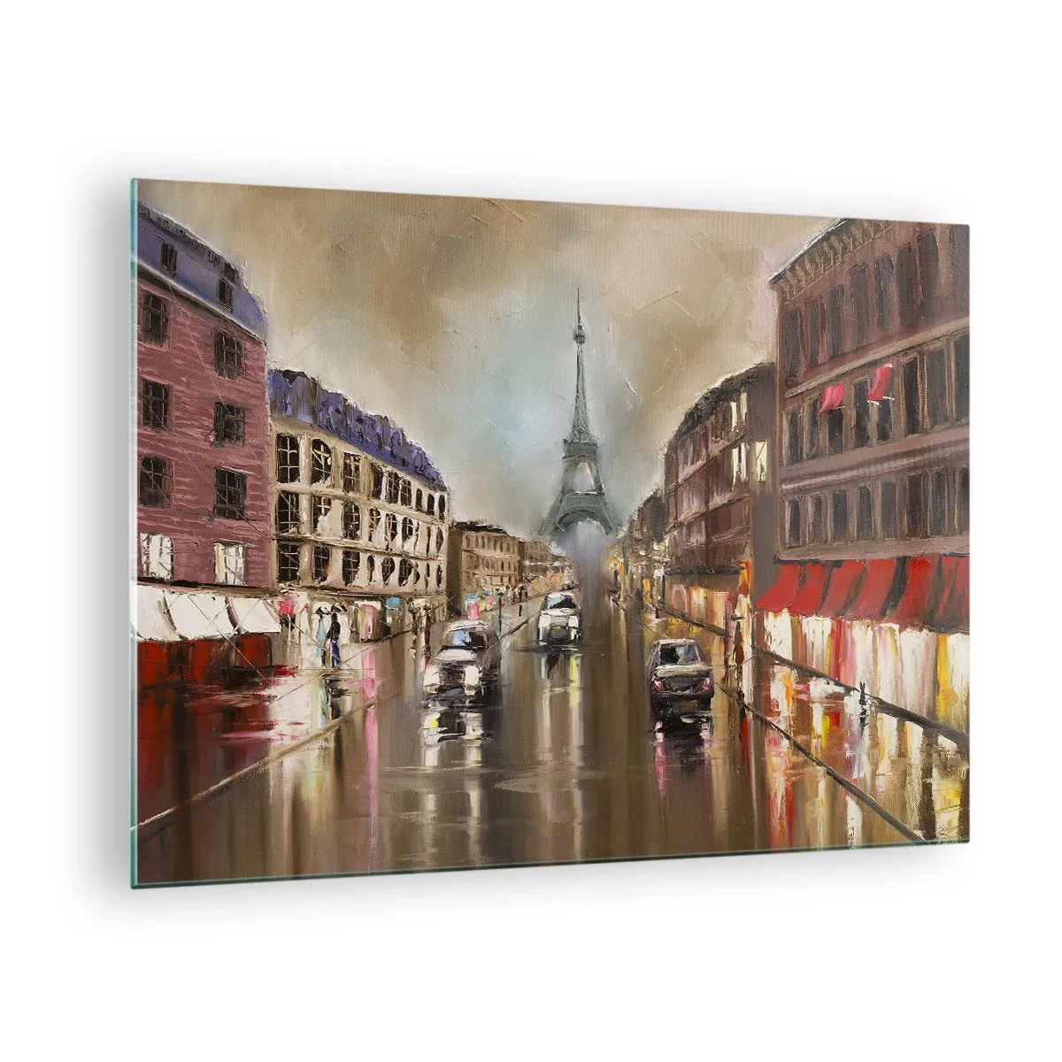 Tablou pe sticlă - Stradă de seară din Paris cu vedere la Turnul Eiffel - 70x50cm - Singurul lucru care contează este ea - Decorațiune modernă pentru perete pentru living și dormitor ARTTOR