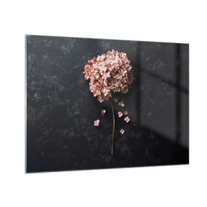 Tablou pe sticlă - Hortensie uscată cu petale împrăștiate pe un fundal întunecat - 70x50cm - Un semn cu adevărat romantic - Decorațiune modernă pentru perete pentru living și dormitor ARTTOR