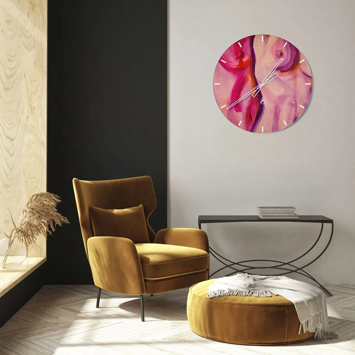 Ceas de perete - Ceas pe sticlă - Forme abstracte artistice în nuanțe de roz și roșu - 30x30cm - Oda feminității - Decorațiune modernă pentru perete pentru living, bucătărie și dormitor ARTTOR