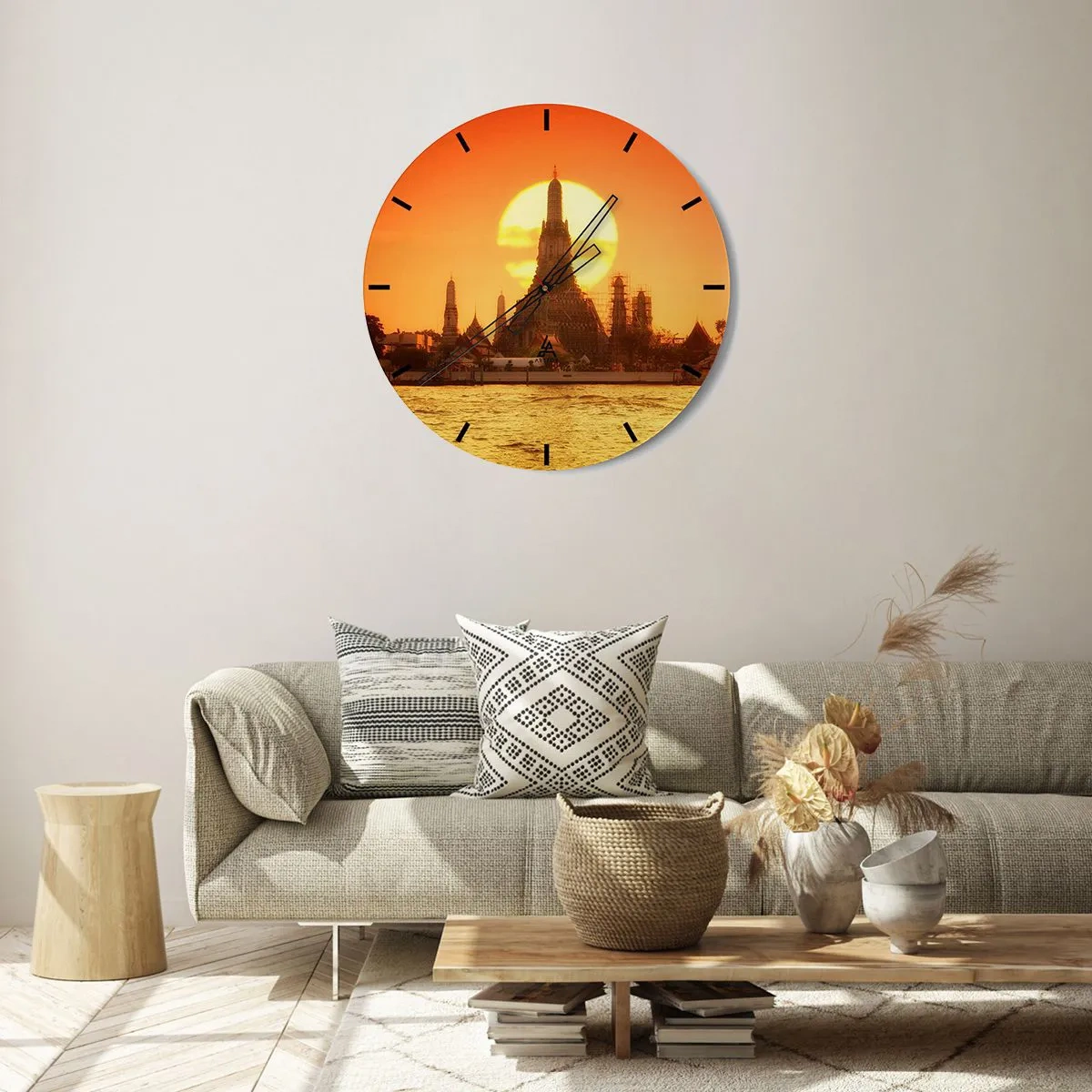 Ceas de perete - Ceas pe sticlă - Templul în lumina soarelui care apune peste apă - 30x30cm - Spre soare, mereu spre soare - Decorațiune modernă pentru perete pentru living, bucătărie și dormitor ARTTOR