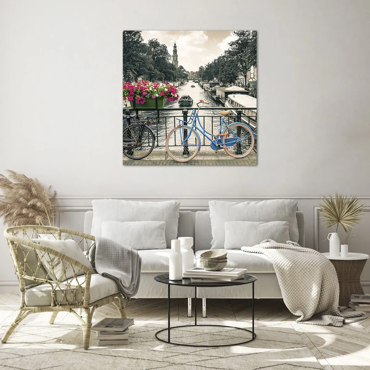 Tablou pe sticlă - Culorile unui canal din Amsterdam - 60x60 cm