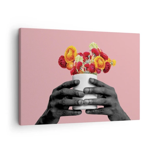 Tablou pe pânză Canvas - Mâini care țin un buchet de flori colorate - 70x50cm - Apoteoza vieții - Decorațiune modernă pentru perete pentru living și dormitor ARTTOR