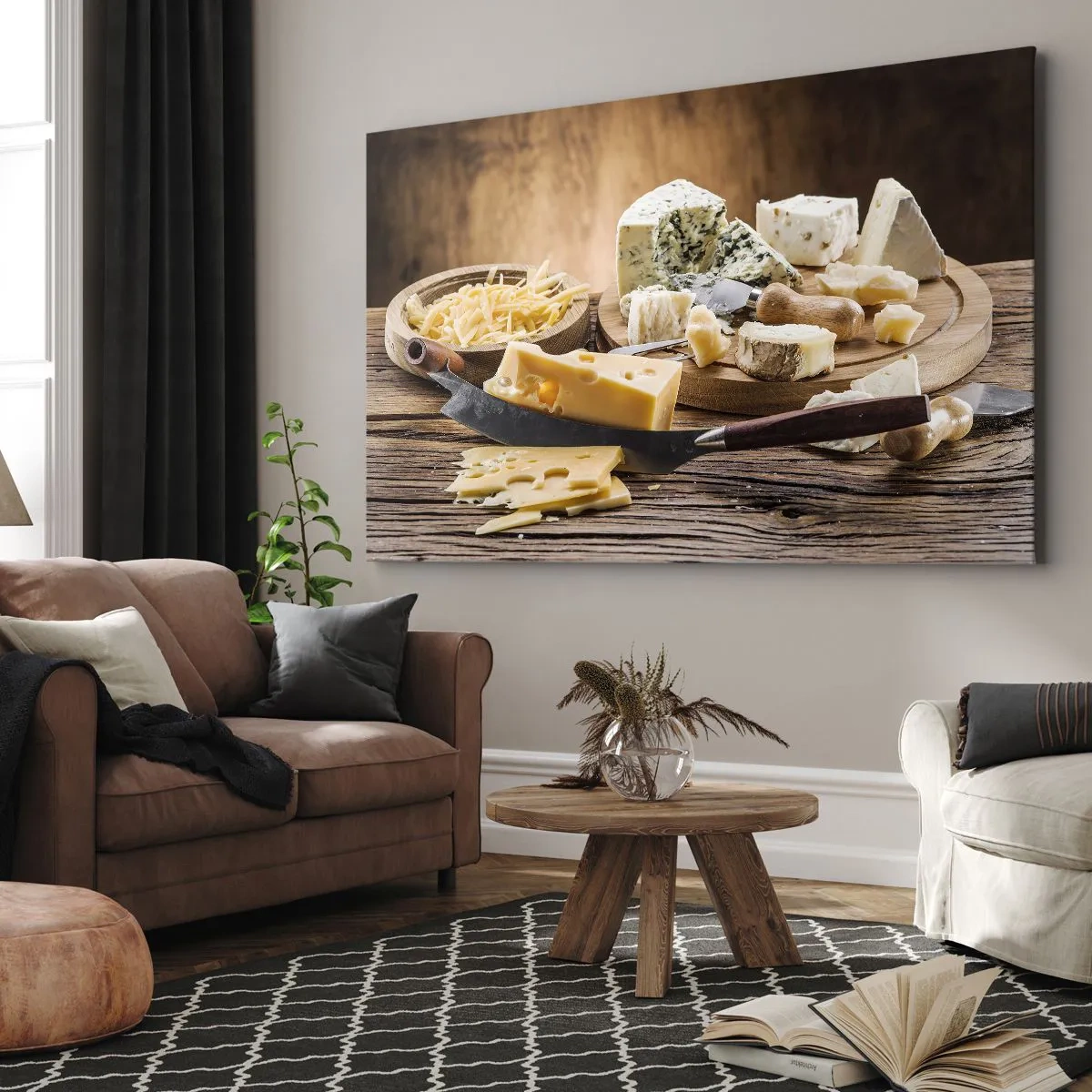 Tablou pe pânză Canvas - Un platou de brânzeturi cu diferite tipuri pe o masă de lemn - 70x50cm - Zâmbește - Decorațiune modernă pentru perete pentru living și dormitor ARTTOR