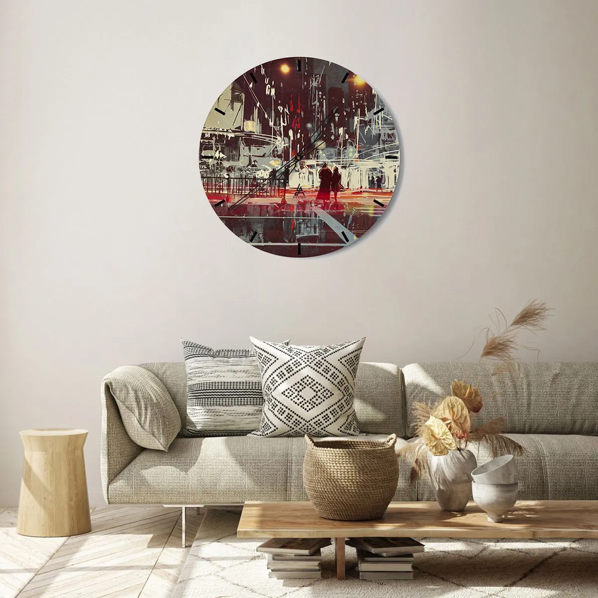 Ceas de perete - Ceas pe sticlă - Un cuplu noaptea, cu un oraș puternic luminat în fundal - 30x30cm - O trecere metropolitană - Decorațiune modernă pentru perete pentru living, bucătărie și dormitor ARTTOR