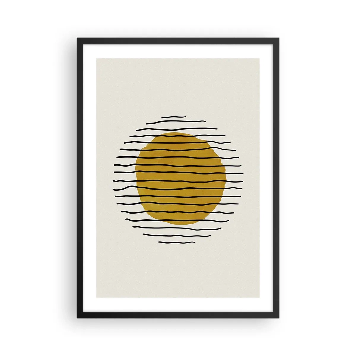 Poster în ramă neagră - Grafică minimalistă cu un cerc galben și linii negre - 50x70cm - Abstracție tremurândă de căldură - Decorațiune modernă pentru perete pentru living și dormitor ARTTOR