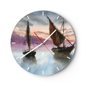 Ceas de perete - Ceas pe sticlă - Nave cu pânze pe apă la apus - 30x30cm - O seară în port - Decorațiune modernă pentru perete pentru living, bucătărie și dormitor ARTTOR