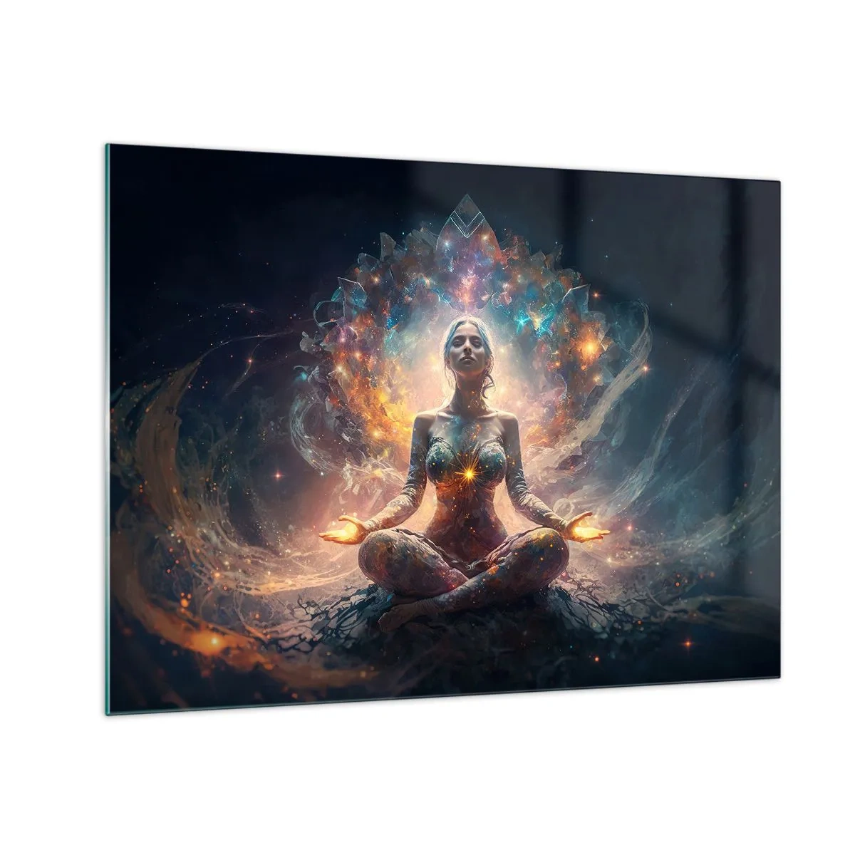 Tablou pe sticlă - O femeie care meditează într-o aură luminoasă de energie și culoare - 70x50cm - Flux de energie bună - Decorațiune modernă pentru perete pentru living și dormitor ARTTOR
