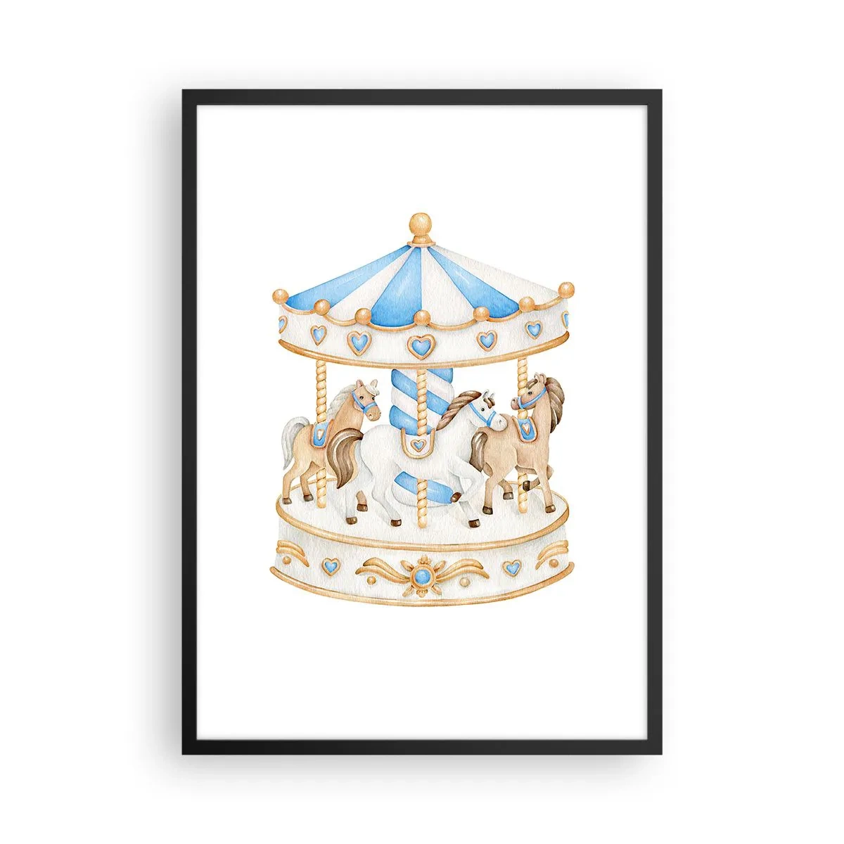 Poster în ramă neagră - Carusel în acuarelă în nuanțe pastelate de albastru și auriu - 50x70cm - Copilărie dulce - Decorațiune modernă pentru perete pentru living și dormitor ARTTOR