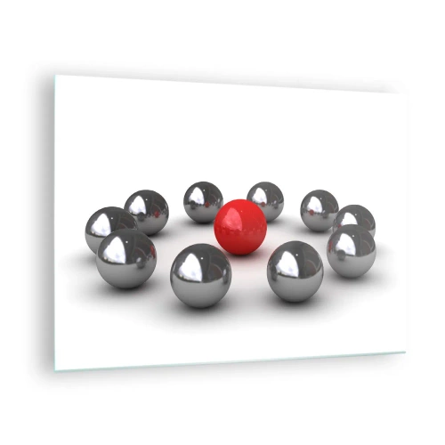 Tablou pe sticlă - O minge roșie înconjurată de argint pe un fundal alb - 70x50cm - Cerc în argintiu și roșu - Decorațiune modernă pentru perete pentru living și dormitor ARTTOR