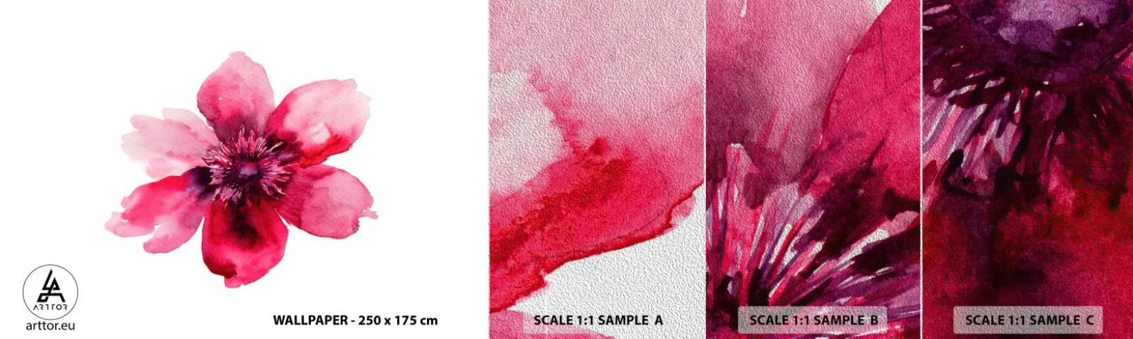 Mostră tapet Premium Sand - Sărut parfumat de carmin - Floare, Acuarele, Grafică - 100x30 cm