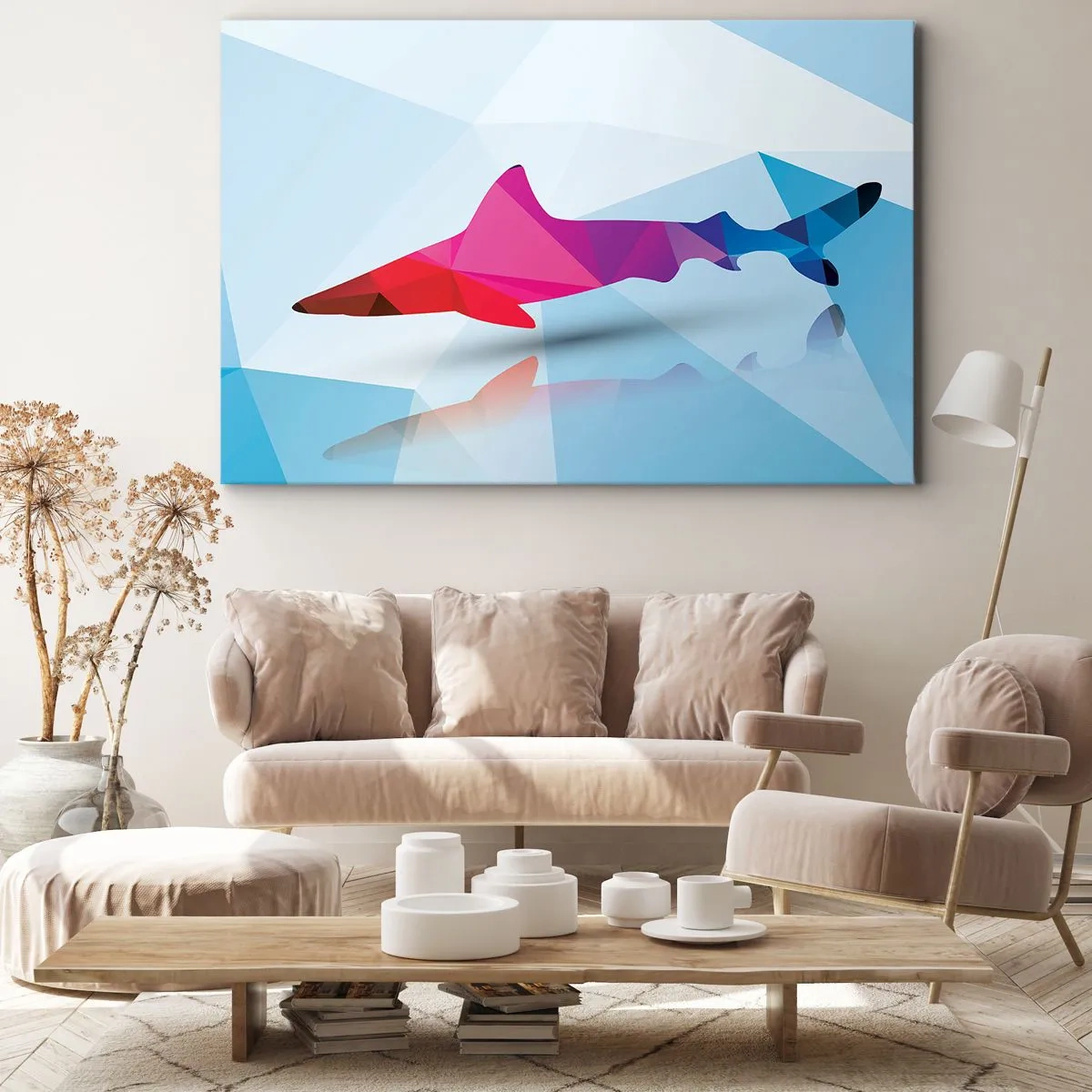 Tablou pe pânză Canvas - Siluetă geometrică de rechin în nuanțe de roz și albastru - 70x50cm - Un rechin într-un spațiu cristalin - Decorațiune modernă pentru perete pentru living și dormitor ARTTOR