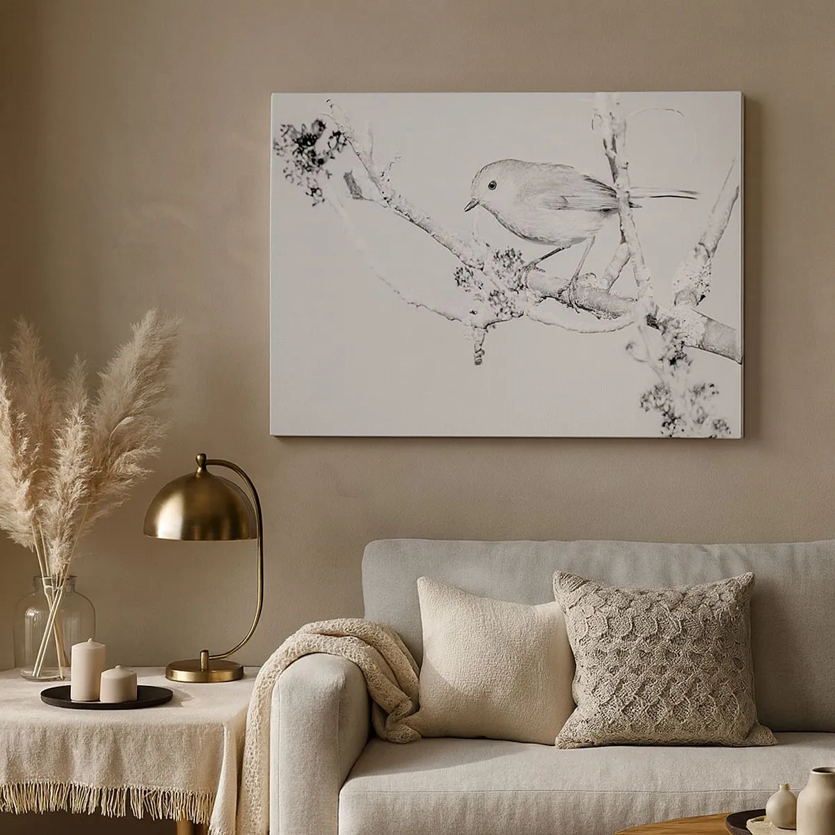 Tablou pe pânză Canvas - Pasăre pe o creangă în alb și negru, cu un stil minimalist - 70x50cm - Dimineață de iarnă - Decorațiune modernă pentru perete pentru living și dormitor ARTTOR