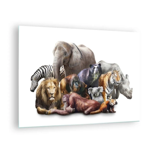 Tablou pe sticlă - Un grup de animale sălbatice pe un fundal alb într-o fotografie artistică - 70x50cm - Fotografia africană de familie - Decorațiune modernă pentru perete pentru living și dormitor ARTTOR