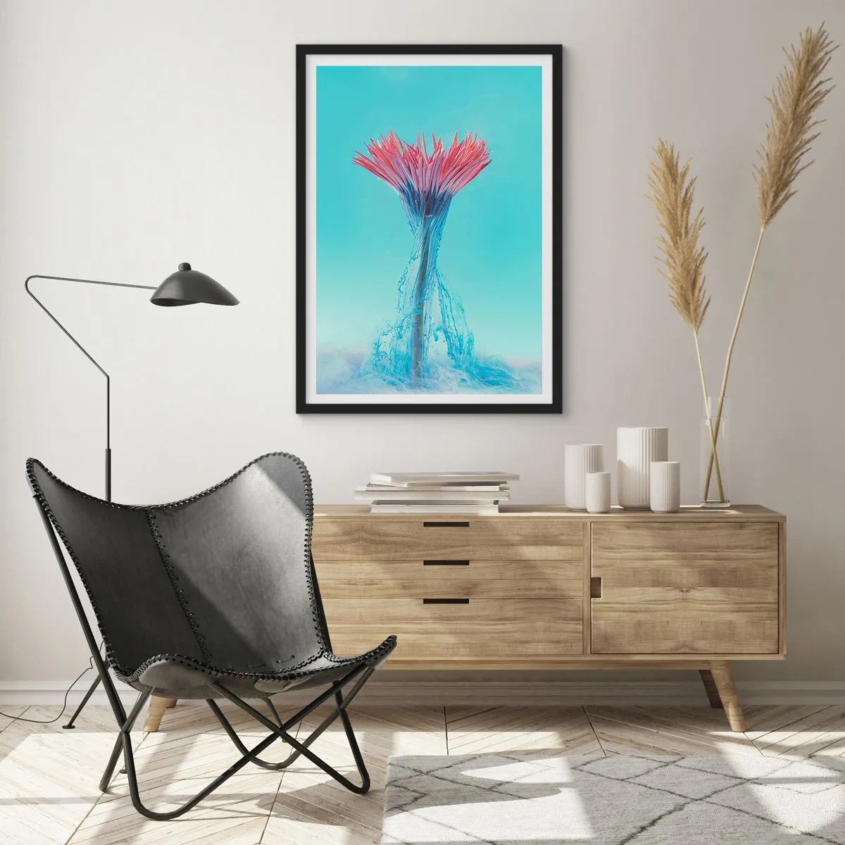 Poster în ramă neagră - O floare înconjurată de pâraie colorate pe un fundal pastel - 50x70cm - Într-o unduire revigorantă - Decorațiune modernă pentru perete pentru living și dormitor ARTTOR
