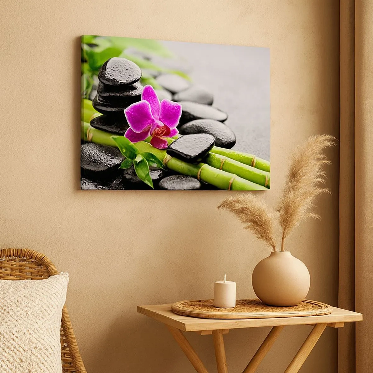 Tablou pe pânză Canvas - Orhidee violetă, pietre negre și bambus într-o compoziție liniștitoare - 70x50cm - Într-un echilibru pașnic - Decorațiune modernă pentru perete pentru living și dormitor ARTTOR