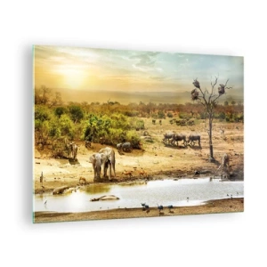 Tablou pe sticlă - Elefanți și animale la o adăpătoare pe fundalul unui peisaj african - 70x50cm - "Și din Eden curgea un râu..." - Decorațiune modernă pentru perete pentru living și dormitor ARTTOR