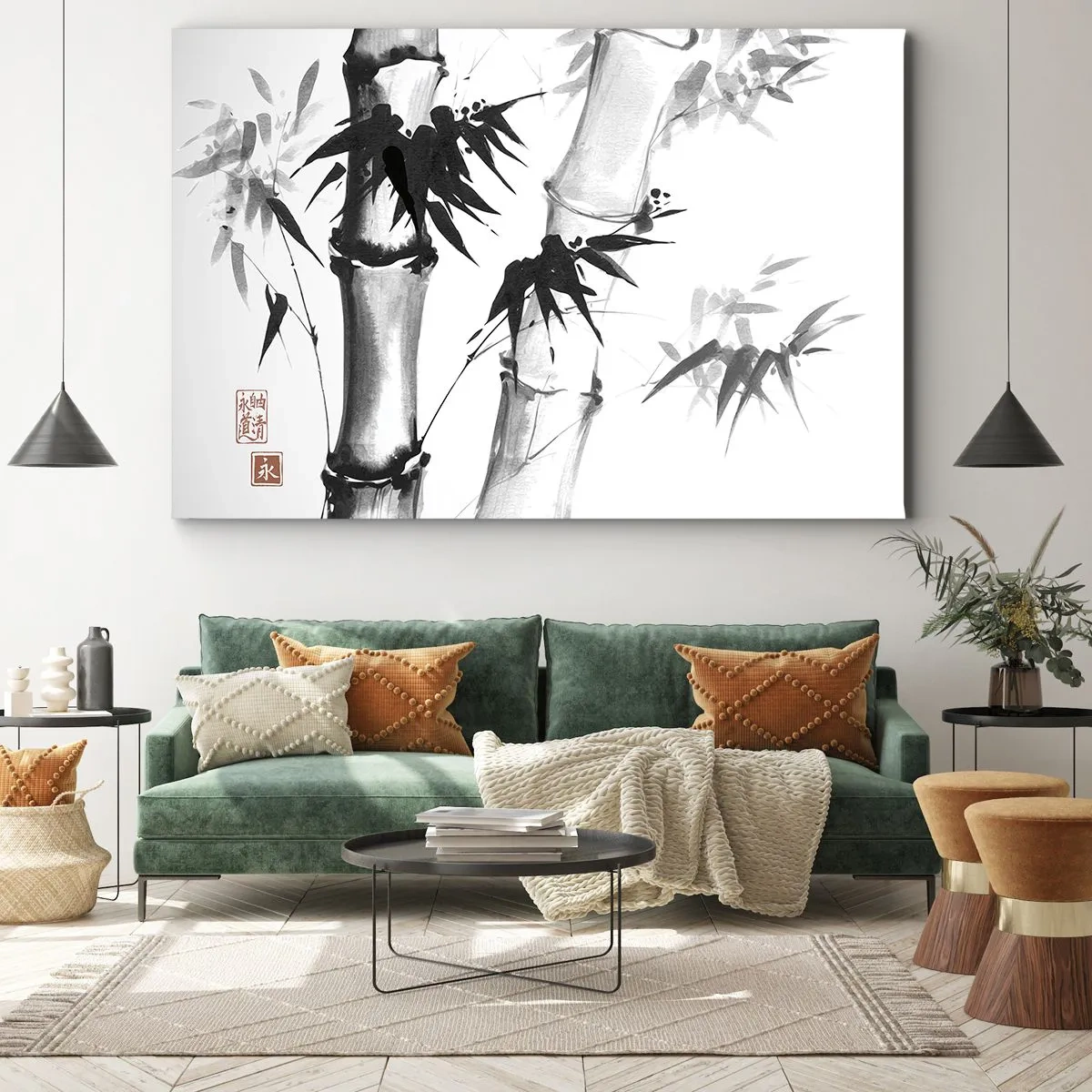 Tablou pe pânză Canvas - Bambus în acuarelă în stil japonez pe fundal alb - 70x50cm - Primul-plan al Orientului - Decorațiune modernă pentru perete pentru living și dormitor ARTTOR