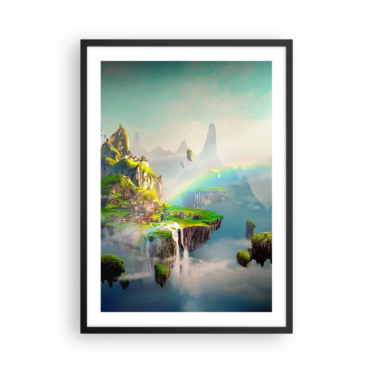 Poster în ramă neagră - Un peisaj magic cu munți, un curcubeu și o cascadă - 50x70cm - Insule fericite - Decorațiune modernă pentru perete pentru living și dormitor ARTTOR