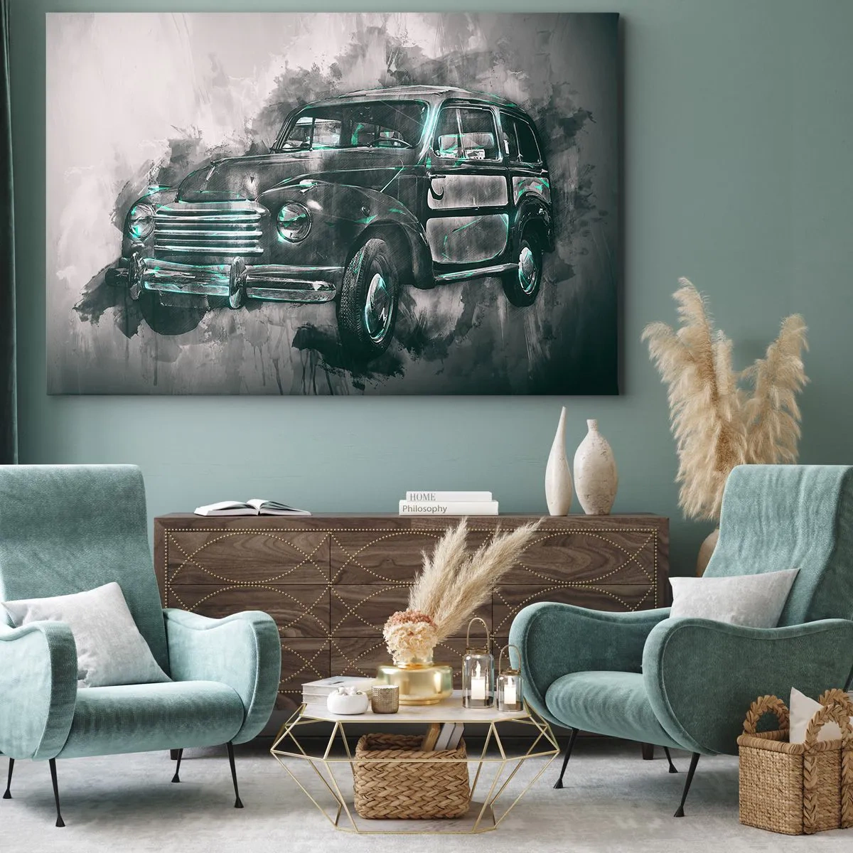 Tablou pe pânză Canvas - O mașină retro clasică cu un fundal artistic - 70x50cm - Strămoș respectabil - Decorațiune modernă pentru perete pentru living și dormitor ARTTOR