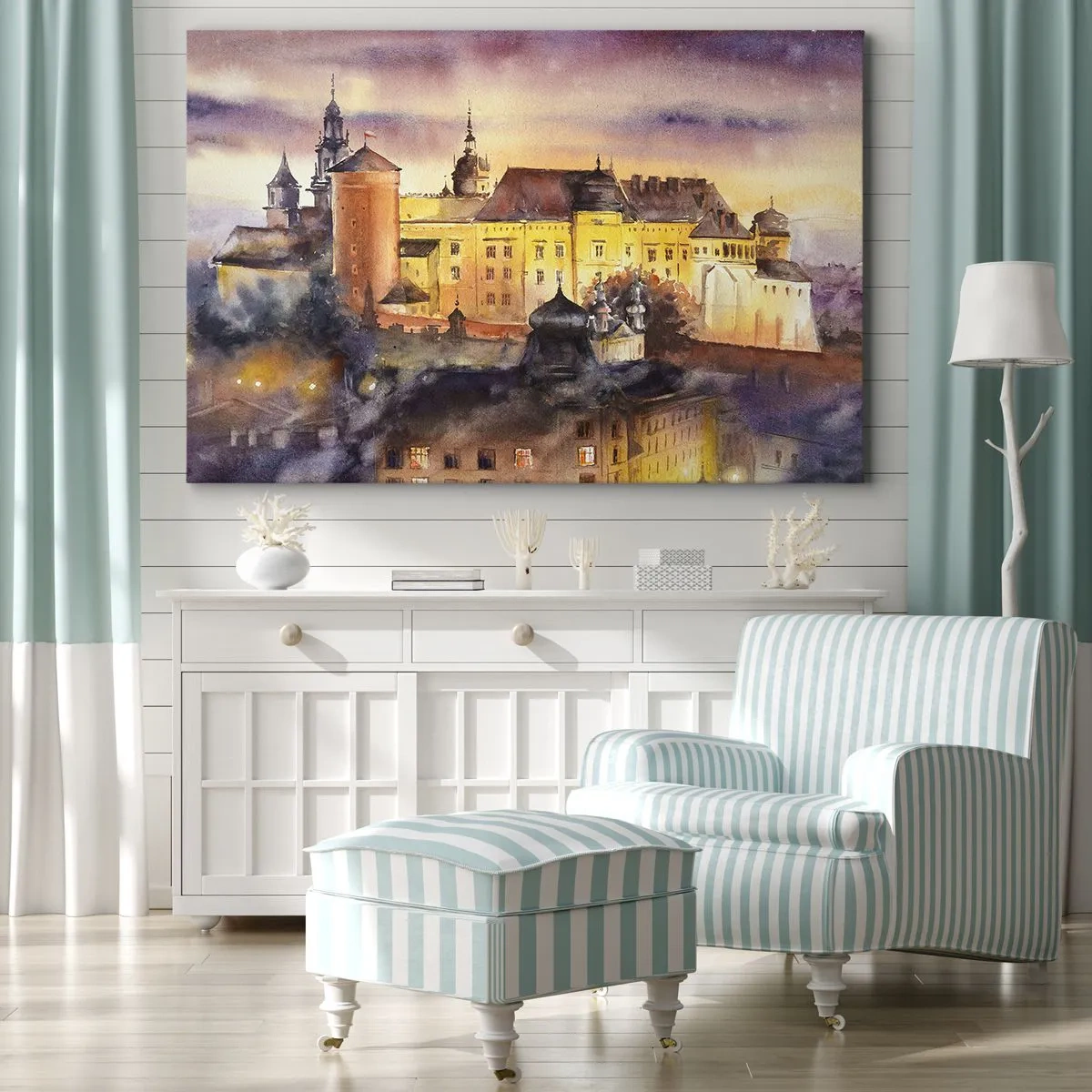 Tablou pe pânză Canvas - pictură pitorească în acuarelă a unui castel la apus - 70x50cm - Poveste și basm - Decorațiune modernă pentru perete pentru living și dormitor ARTTOR