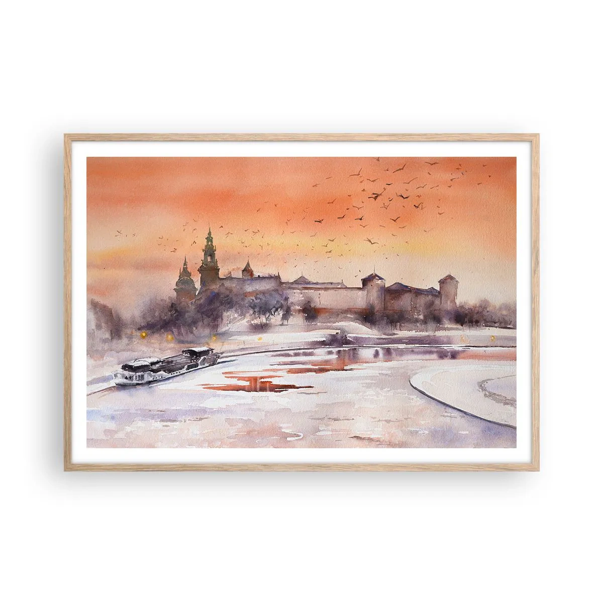 Poster în ramă de stejar deschis - Apus de soare regal - 100x70 cm