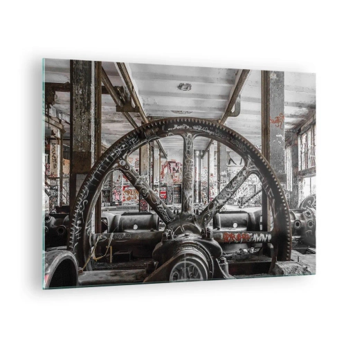 Tablou pe sticlă - Interior industrial istoric cu o roată dințată - 70x50cm - Viața secretă a unei fabrici - Decorațiune modernă pentru perete pentru living și dormitor ARTTOR