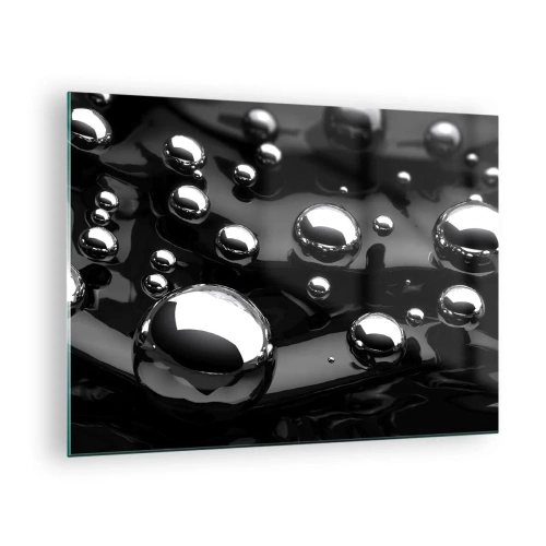 Tablou pe sticlă - Picături metalice pe o suprafață neagră - 70x50cm - Din adâncurile negre - Decorațiune modernă pentru perete pentru living și dormitor ARTTOR