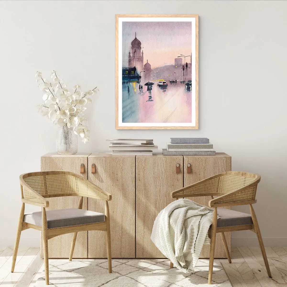 Poster în ramă de stejar deschis - Într-o ceață ploioasă - 70x100 cm