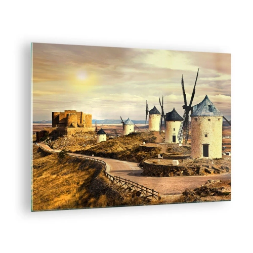 Tablou pe sticlă - Mori de vânt și un castel în peisaj la apus - 70x50cm - Don Quijote apare imediat - Decorațiune modernă pentru perete pentru living și dormitor ARTTOR