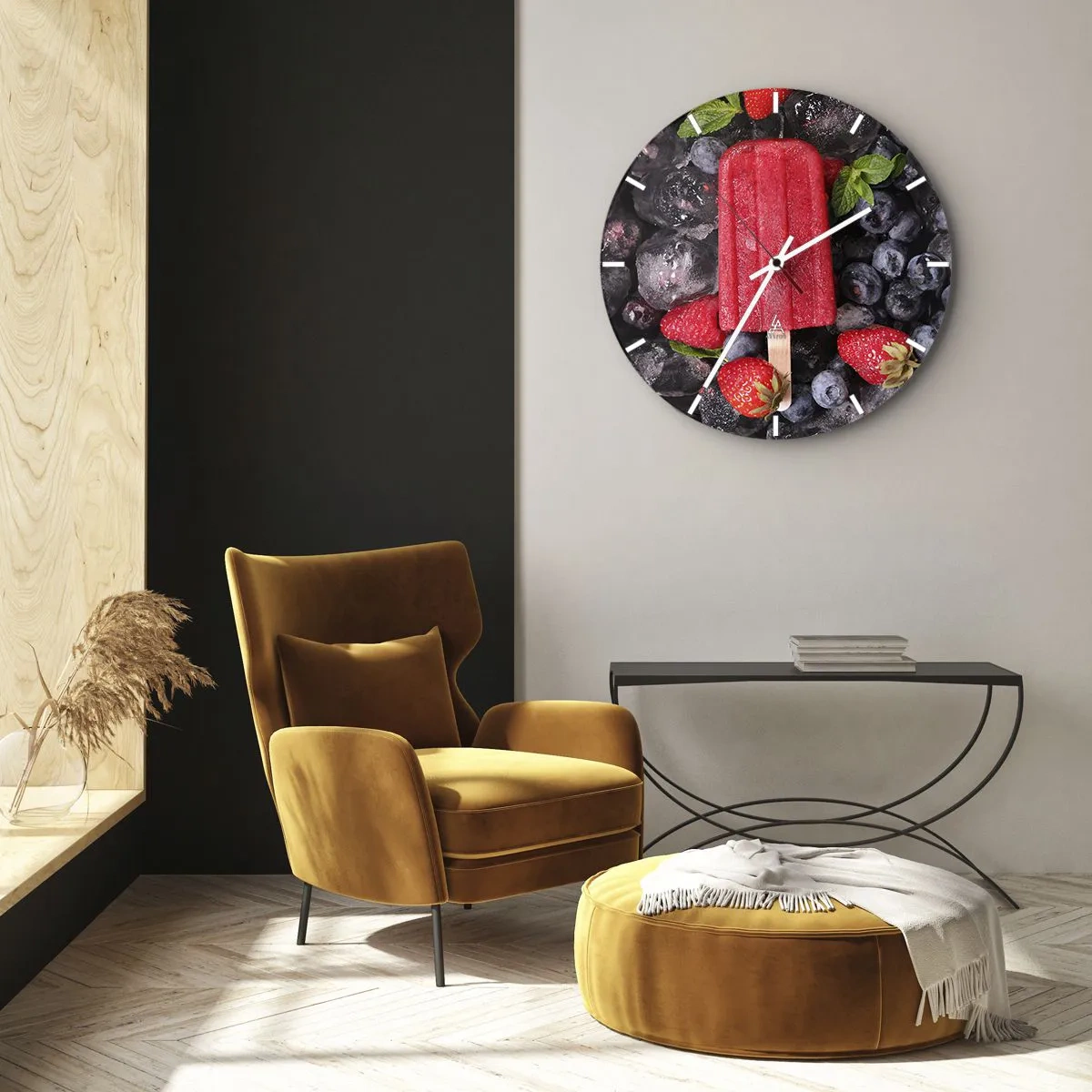 Ceas de perete - Ceas pe sticlă - Înghețată fructată cu afine și căpșuni congelate - 30x30cm - Umbra unei veri fierbinți - Decorațiune modernă pentru perete pentru living, bucătărie și dormitor ARTTOR