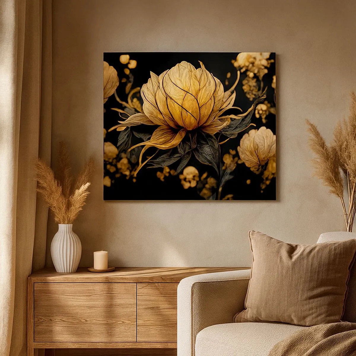 Tablou pe pânză Canvas - Floare aurie pe un fundal întunecat - 70x50cm - Fragilitate subtilă - Decorațiune modernă pentru perete pentru living și dormitor ARTTOR