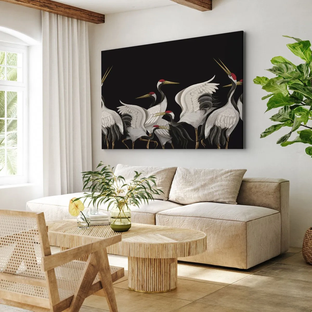 Tablou pe pânză Canvas - Macarale albe cu accente roșii pe fundal negru - 70x50cm - Problemele importante ale păsărilor - Decorațiune modernă pentru perete pentru living și dormitor ARTTOR
