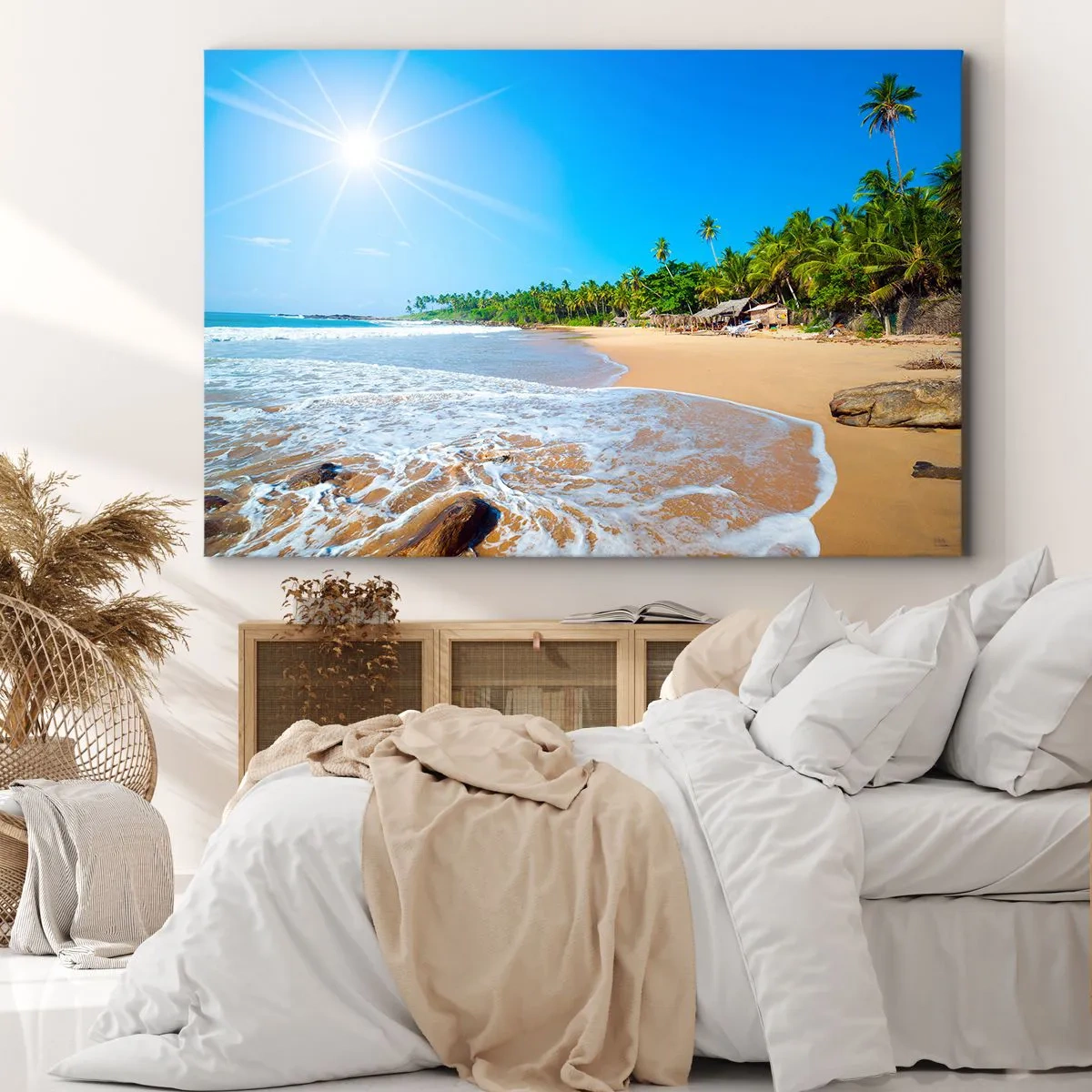 Tablou pe pânză Canvas - Plajă tropicală cu palmieri și cer albastru - 70x50cm - Un loc exotic pentru tine - Decorațiune modernă pentru perete pentru living și dormitor ARTTOR