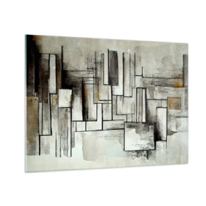 Tablou pe sticlă - Compoziție geometrică a dreptunghiurilor în tonuri de gri estompate - 70x50cm - Puterea simplității - Decorațiune modernă pentru perete pentru living și dormitor ARTTOR
