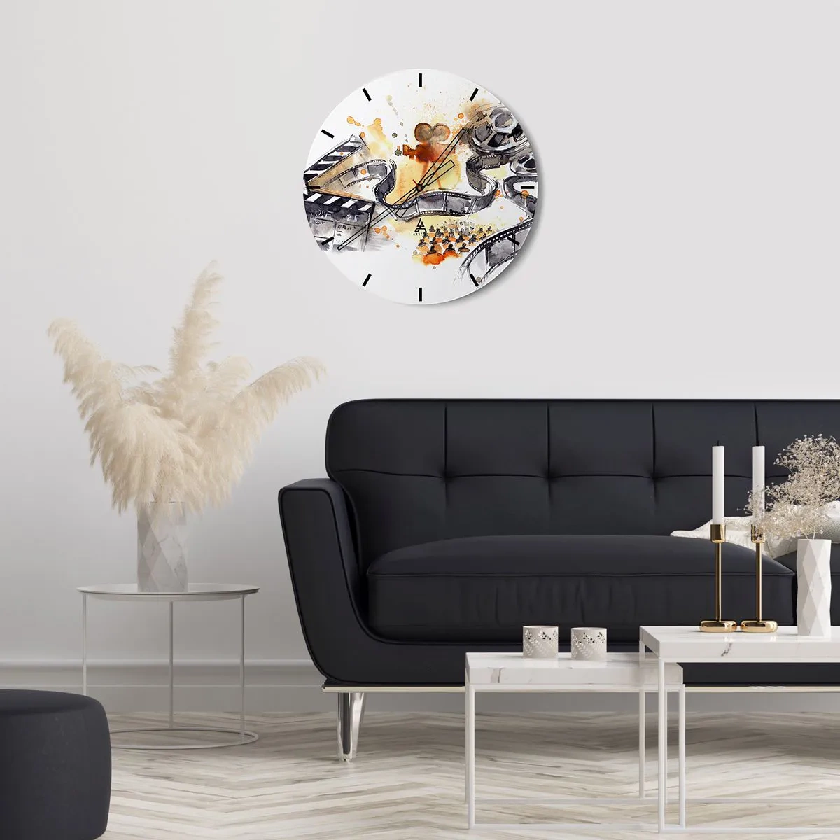 Ceas de perete - Ceas pe sticlă - Bandă de film și cameră pe un fundal de detalii artistice în culori calde - 30x30cm - În țara viselor - Decorațiune modernă pentru perete pentru living, bucătărie și dormitor ARTTOR