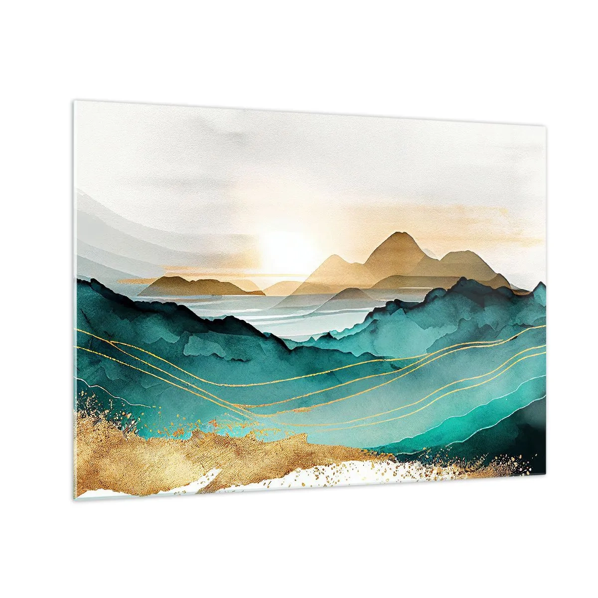 Tablou pe sticlă - Un peisaj montan auriu și turcoaz în stil acuarelă. - 70x50cm - La limita abstracției - peisaj - Decorațiune modernă pentru perete pentru living și dormitor ARTTOR