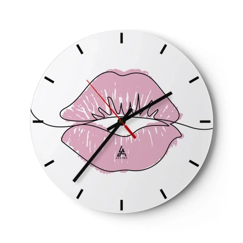 Ceas de perete - Ceas pe sticlă - Prim-plan cu buze roz pe fundalul unui ceas alb - 30x30cm - Vrei un sărut? - Decorațiune modernă pentru perete pentru living, bucătărie și dormitor ARTTOR