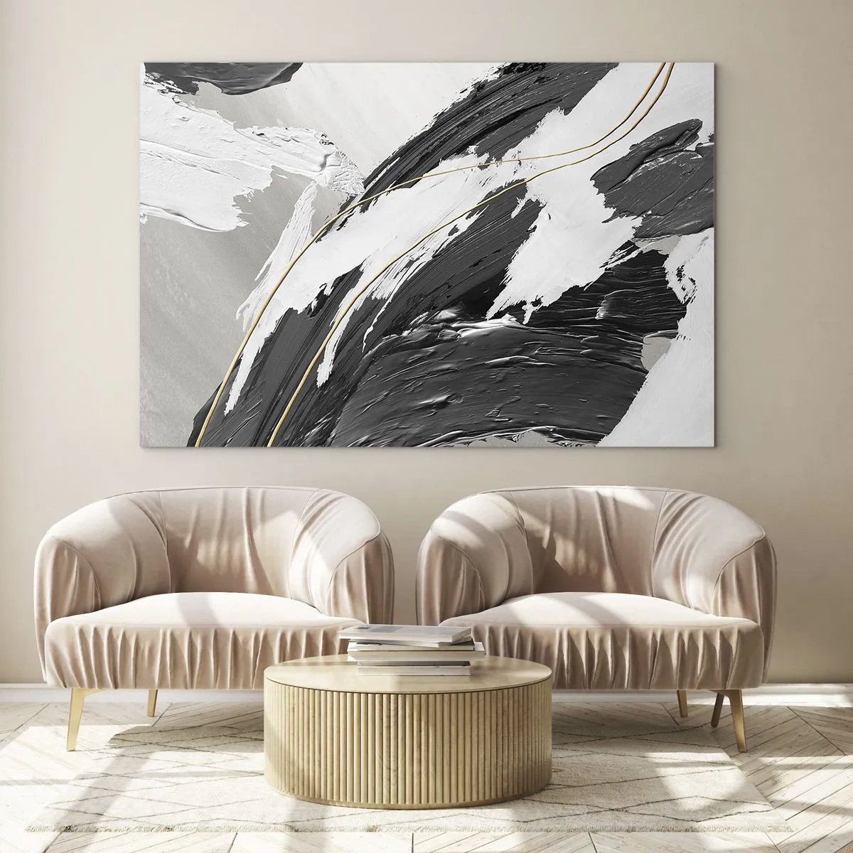 Tablou pe sticlă - Tușe dinamice de alb-negru cu accent auriu - 70x50cm - Abstracție cu fler - Decorațiune modernă pentru perete pentru living și dormitor ARTTOR