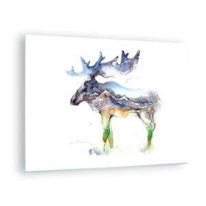 Tablou pe sticlă - Pictură în acuarelă a unui elan cu motiv de siluetă montană - 70x50cm - Eroul poveștii de iarnă - Decorațiune modernă pentru perete pentru living și dormitor ARTTOR