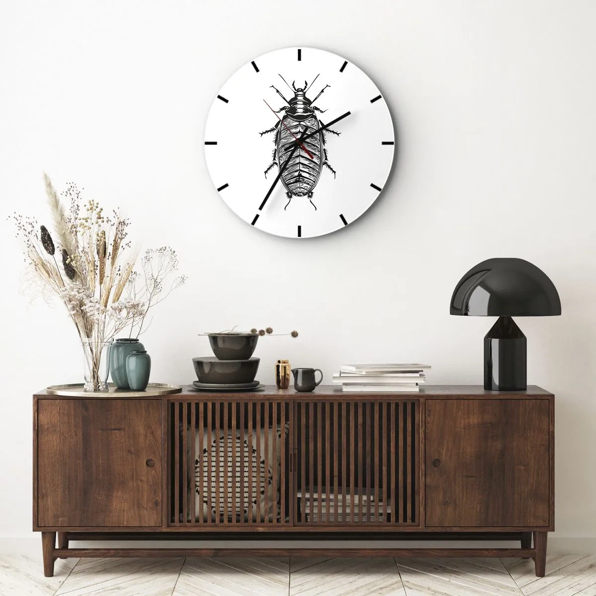 Ceas de perete - Ceas pe sticlă - O grafică a unei insecte în stilul unei gravuri pe fundal alb - 30x30cm - Ce specimen! - Decorațiune modernă pentru perete pentru living, bucătărie și dormitor ARTTOR