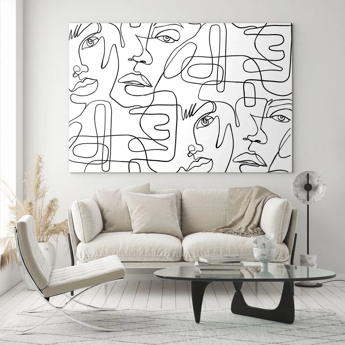 Tablou pe sticlă - Grafică facială cu linii alb-negru - 70x50cm - Într-o încurcătură de emoții - Decorațiune modernă pentru perete pentru living și dormitor ARTTOR