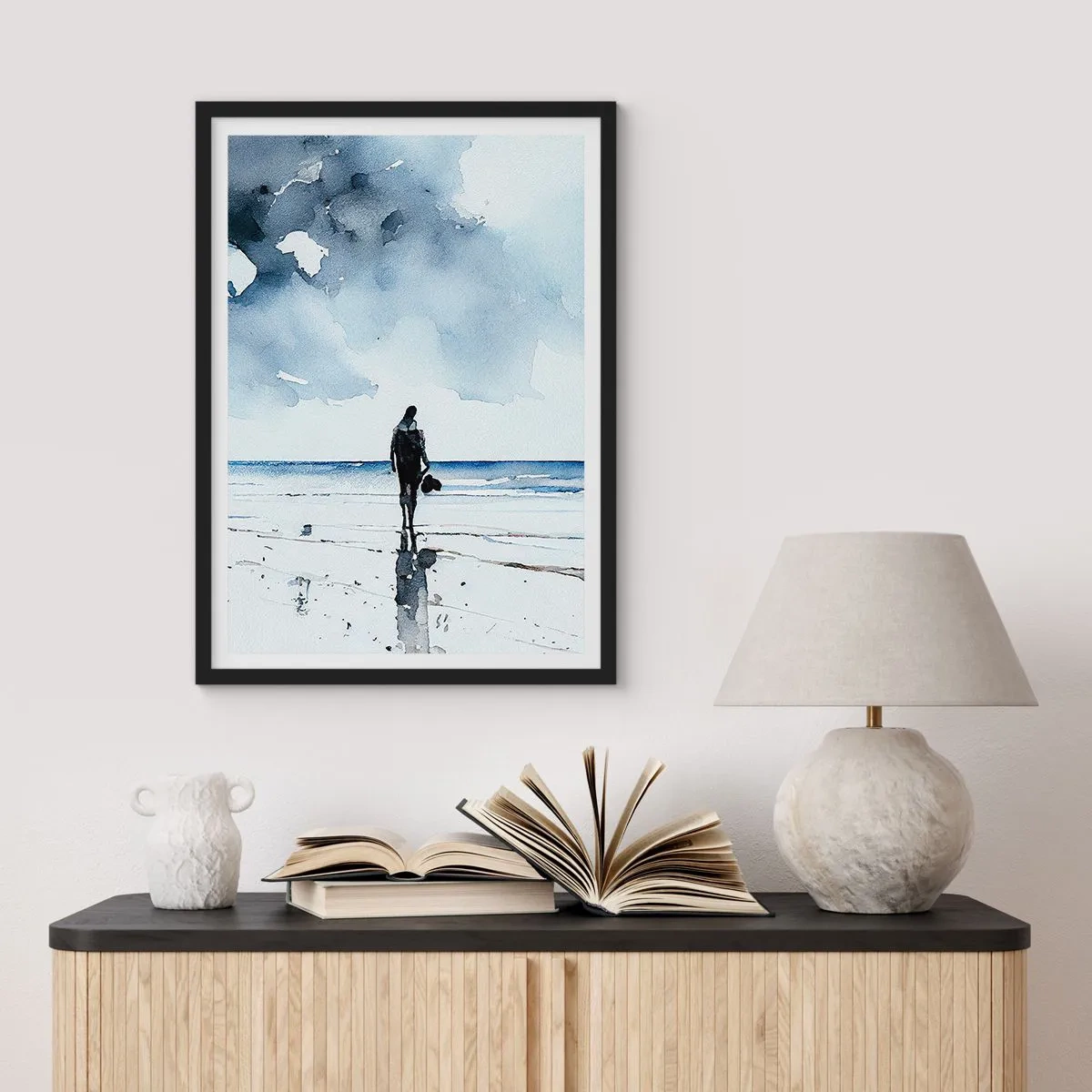 Poster în ramă neagră - Peisaj în acuarelă cu o figură pe plajă - 50x70cm - Vorbind cu marea - Decorațiune modernă pentru perete pentru living și dormitor ARTTOR
