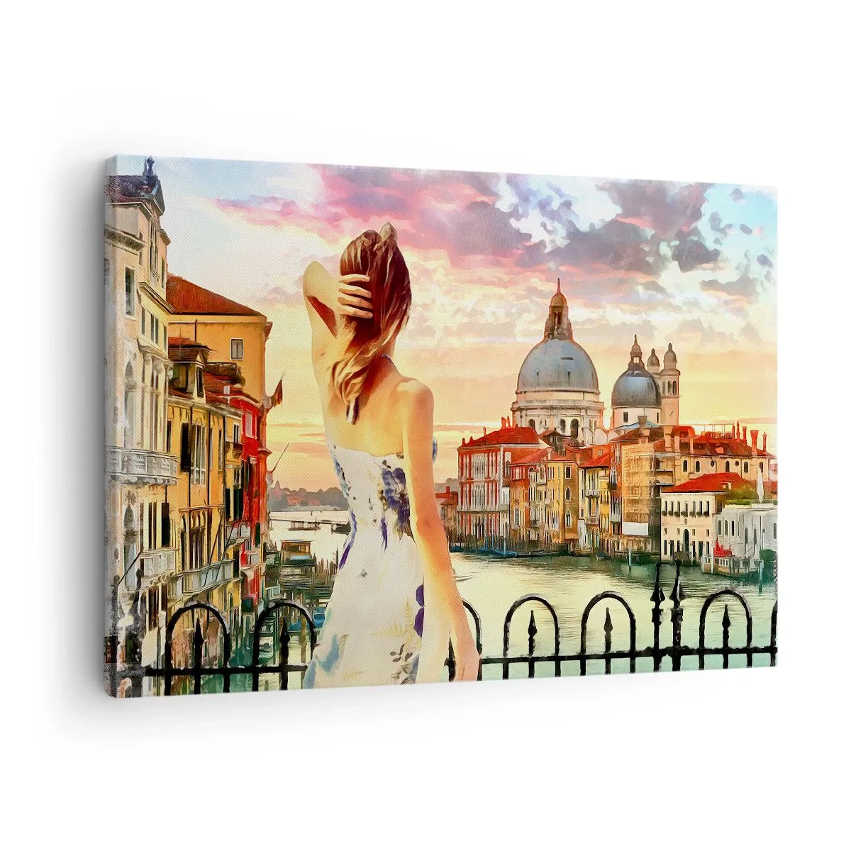 Tablou pe pânză Canvas - O femeie admiră peisajul pitoresc de lângă canal - 70x50cm - Când vine vorba de aventură, doar în... - Decorațiune modernă pentru perete pentru living și dormitor ARTTOR