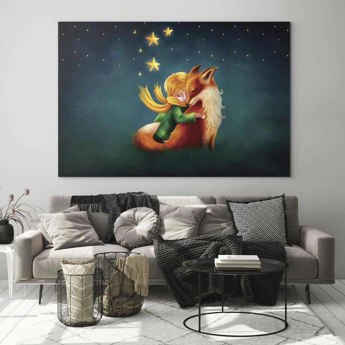 Tablou pe sticlă - Micul Prinț îmbrățișând o vulpe sub un cer înstelat - 70x50cm - Micul Prinț - Decorațiune modernă pentru perete pentru living și dormitor ARTTOR