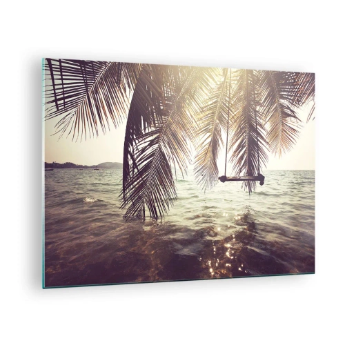 Tablou pe sticlă - O plajă cu palmieri și un leagăn deasupra unei mări calme - 70x50cm - Poți să te dai în vânt după pofta inimii tale - Decorațiune modernă pentru perete pentru living și dormitor ARTTOR