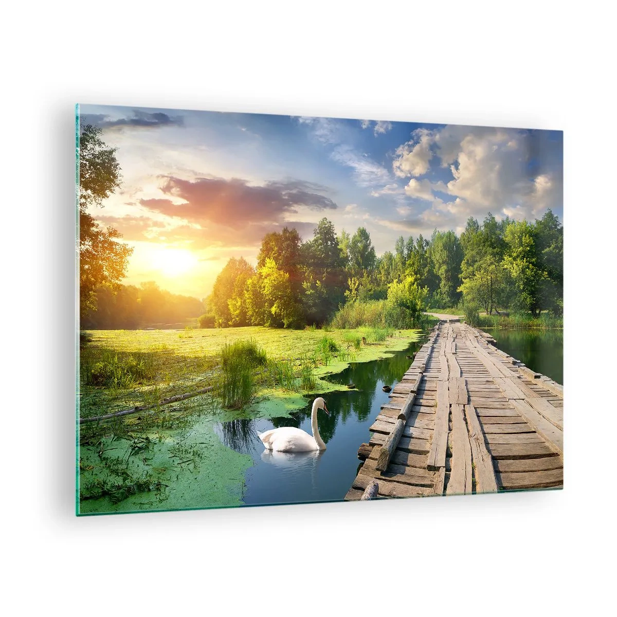 Tablou pe sticlă - ponton de lemn peste un lac cu o lebădă la apus - 70x50cm - Vară, vară peste tot - Decorațiune modernă pentru perete pentru living și dormitor ARTTOR