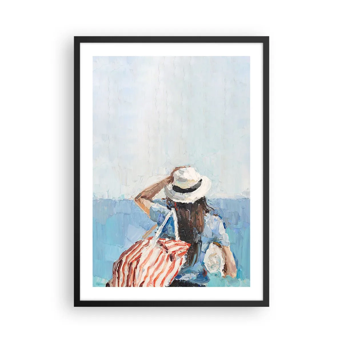 Poster în ramă neagră - O femeie cu pălărie privind spre mare - 50x70cm - Bine ați venit în concediu - Decorațiune modernă pentru perete pentru living și dormitor ARTTOR