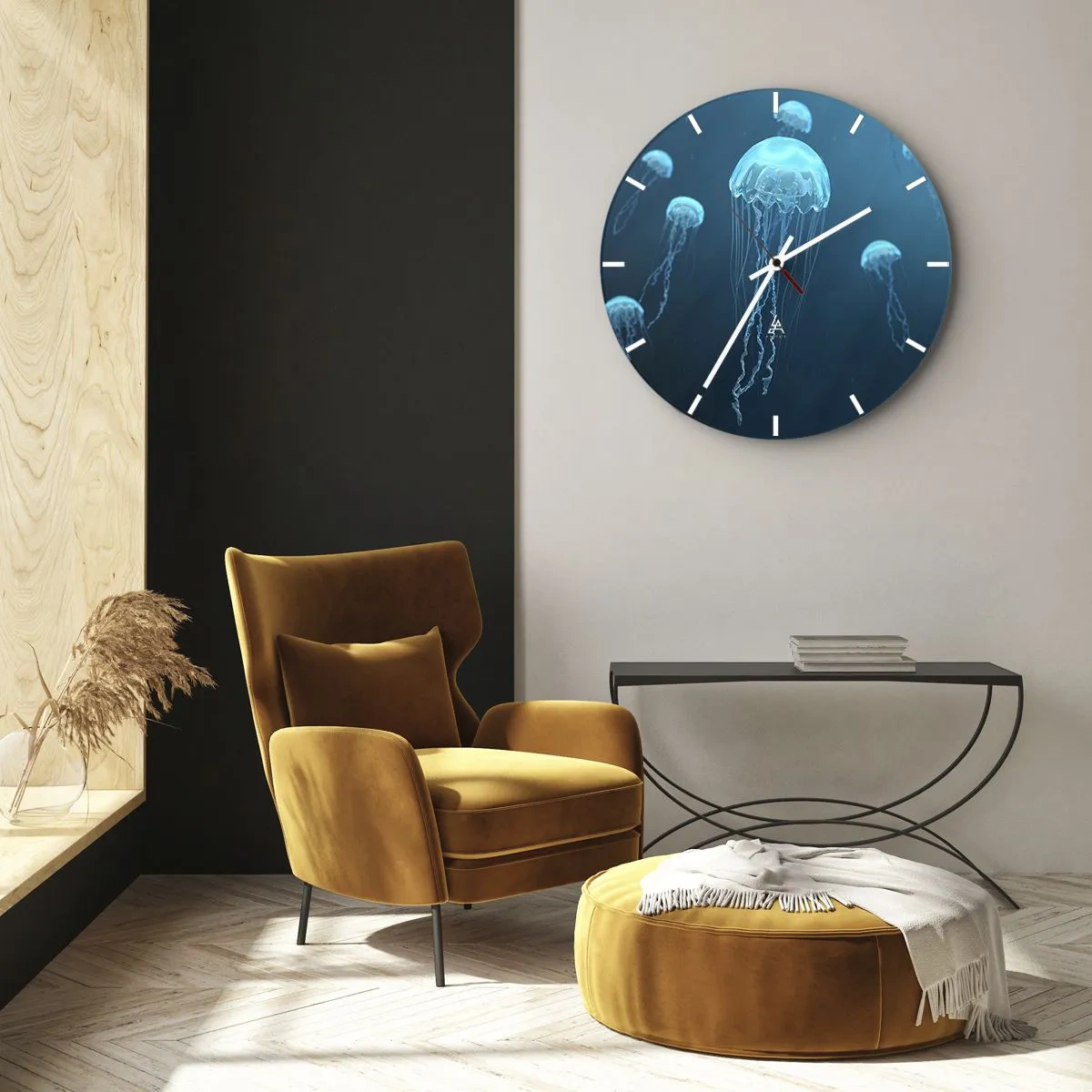 Ceas de perete - Ceas pe sticlă - Meduze plutind în oceanul albastru adânc - 30x30cm - Dansul oceanic - Decorațiune modernă pentru perete pentru living, bucătărie și dormitor ARTTOR