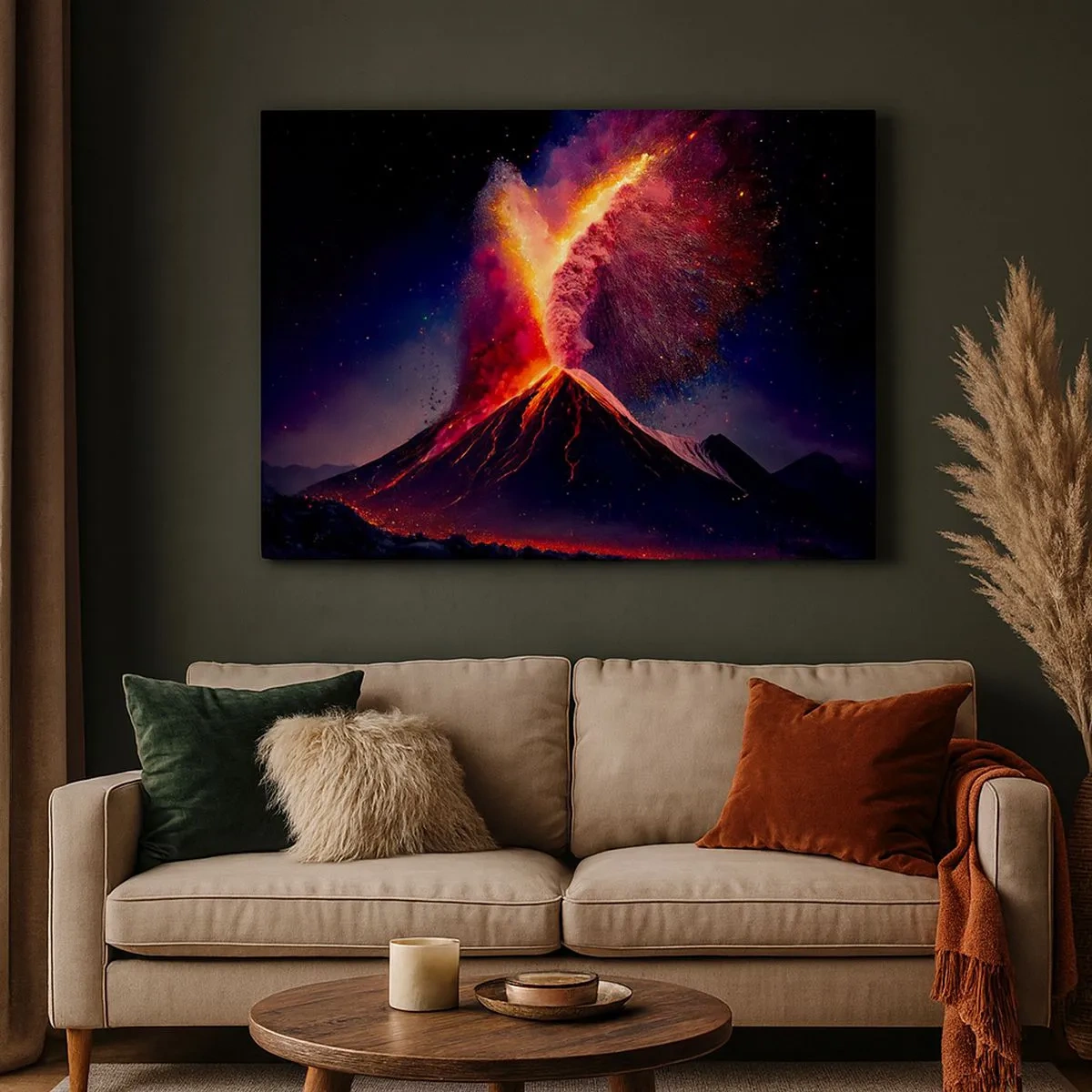Tablou pe pânză Canvas - O erupție vulcanică unică noaptea, cu culori dinamice. - 70x50cm - Frumusețe și groază - Decorațiune modernă pentru perete pentru living și dormitor ARTTOR